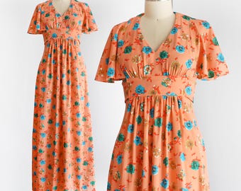 70s Orange & Blue Floral Maxi Dress, small