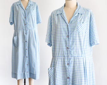 Vestido camisero de cuadros azules de los años 50, vestido de día vintage de algodón de los años 50 con hilos metálicos, talla 2x/3x