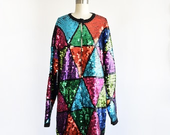 Veste pull à sequins arc-en-ciel des années 80, moyen à xl