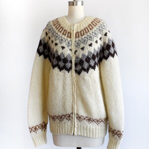 side front view of a vintage 1970s Fair Isle zip up sweater on a mannequin against a white background
