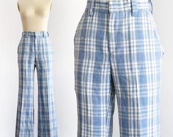 Vintage 1970s Blue Plaid Wrangler Wide Leg Pants, 30" x 32"