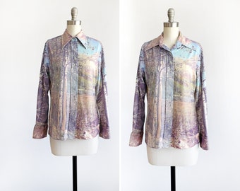 70s Mountain Scene Disco Blouse, Vintage 1970s Nature Photo Print Button Up Shirt, medium