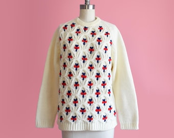 70er Jahre Crewel Bestickter Pullover, large