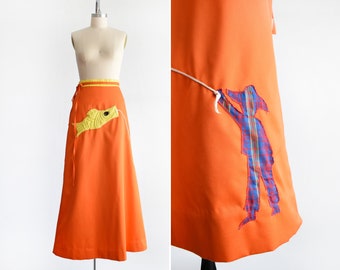 70s Fish Kite Wrap Maxi Skirt, Vintage 1970s Appliqué Orange Skirt, small medium/medium