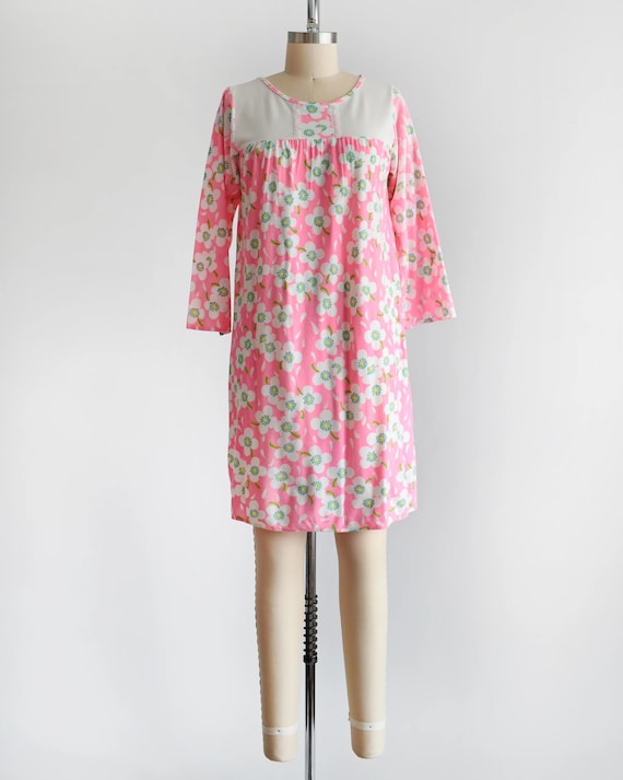 70s Pink Flower Power Nightgown, Vintage 1970s Fl… - image 2