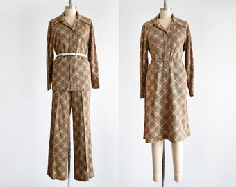 Vintage 1970s Plaid Three Piece Pantsuit & Skirt Set, 70s Matching Set w. Wide Leg Flared Trousers, large/xl