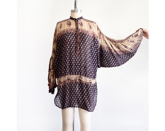 70s Indian Cotton Tunic, Vintage 1970s India Block Print Dolman Balloon Sleeve Top, medium