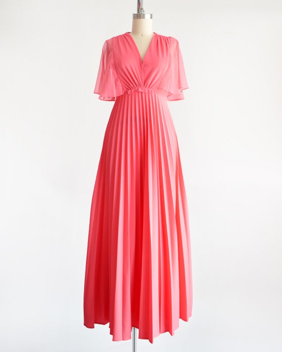 70s Coral Pink Pleated Maxi Dress Vintage 1970s Flutter Sleeve Goddess Gown Xs small Etsy