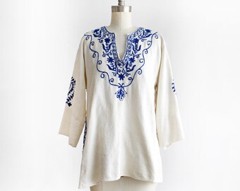 Vintage 1970s Blue & White Embroidered Tunic, medium