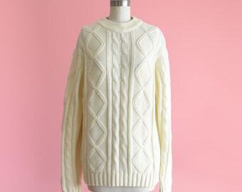 70s Cream Cable Knit Sweater, Vintage 1970s Fisherman Pullover Jumper, medium to large