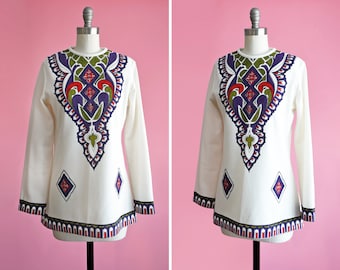 60s/70s Mod Tunic, Vintage 1960s/1970s Psychedelic Blouse by Lane Bryant, medium large