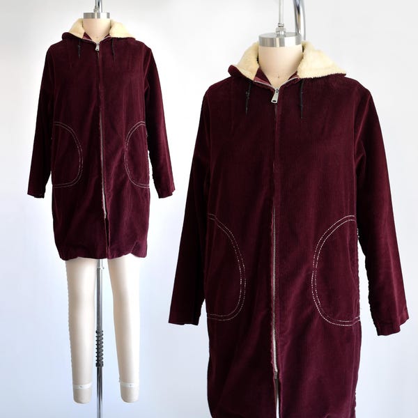 70s Burgundy Corduroy Hooded Coat, Vintage 70s Fall Coat, medium large
