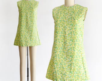 Minivestido verde estilo años 60 con estampado floral, talla XS