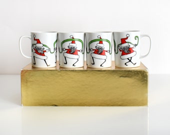Fitz and Floyd Santa Mugs, Vintage 70s Coffee Mugs, Dancing Santa Claus Holiday Ceramic Cup, Set of Four, 8oz