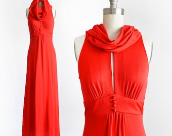 Rotes Vintage-Maxikleid mit Wasserfallkragen aus den 1970er Jahren, Größe XS/S