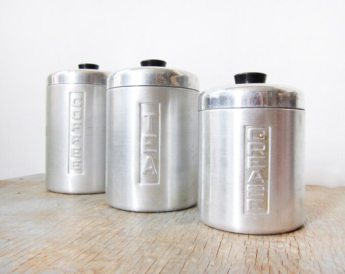 Aluminum Canister Set / Vintage Cofffee, Tea, Grease Canisters / Set of