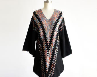 70s Black Rainbow Bell Sleeve Sweater Vintage Tunic, medium large