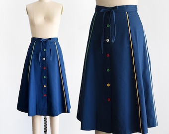 70s navy colorful striped button skirt, small/small medium