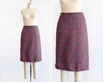 1960s Tweed Skirt, Vintage 60s Pink & Purple Plaid Wool Skirt by Harella, small medium