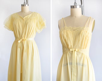 60s Yellow Peignoir Set, Vintage 1960s Nightgown & Robe Lingerie by Lorraine, xs/small