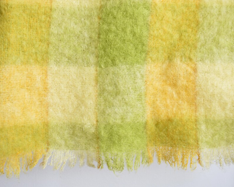 Green & Yellow Plaid Blanket, Vintage Mohair Wool Fringed Throw, Made