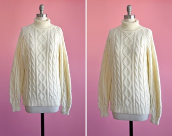Vintage Cable Knit Turtleneck Sweater, Cream White Fisherman's Sweater, Pullover Knit Jumper, medium