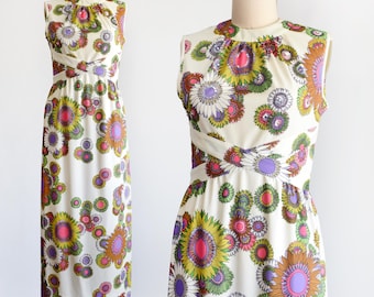 Vintage 1970er Jahre Flower Power Maxi Kleid mit Pailletten | mittel