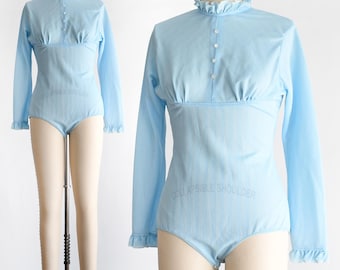 Vintage 1970s Blue Ruffled Bodysuit,  medium