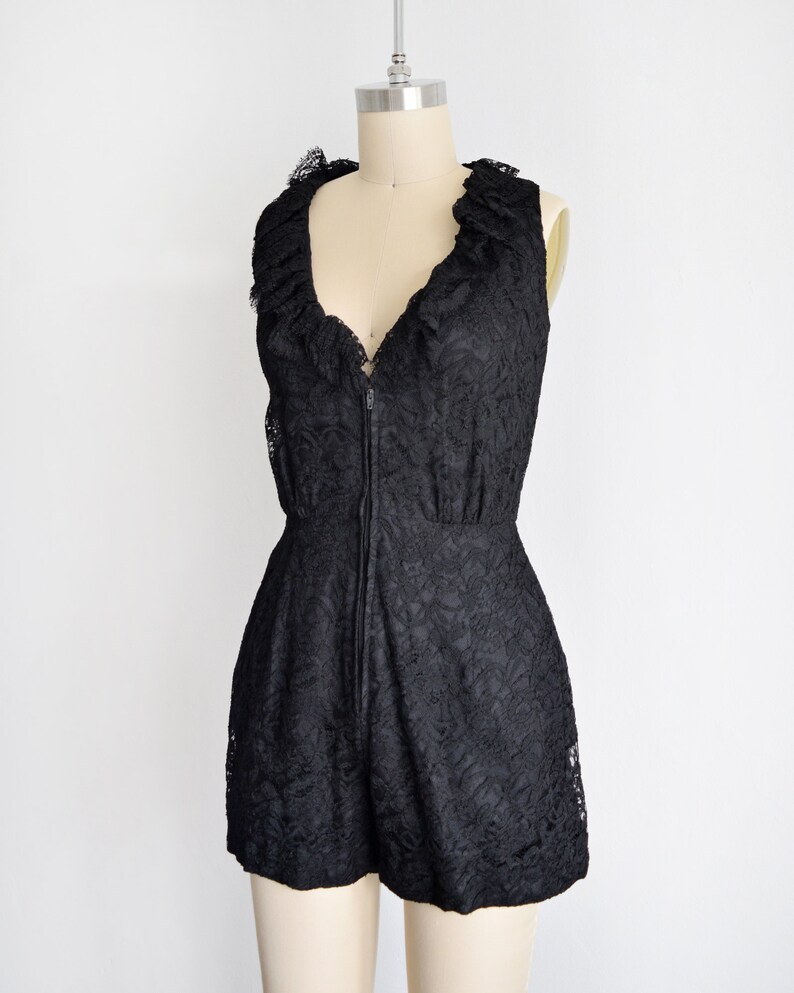 vintage black lace romper xss 1970s mod jumpsuit ruffled zip up front hot pants 60s70s playsuit