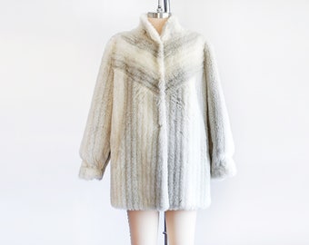 80s White & Gray Faux Fur Coat, Vintage 70s Striped Animal Print Coat, medium