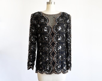 Vintage 1980s Oleg Cassini Black Silk Beaded & Sequined Blouse, small/small medium