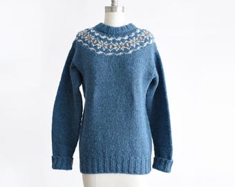 70er Jahre Pullover in blau aus Shetland Wolle