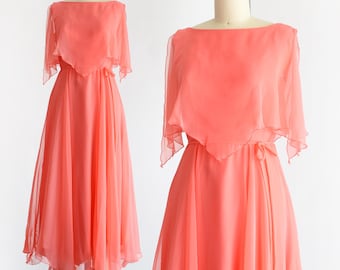 Vintage 1970er Jahre korallfarbenes Chiffon Maxi Kleid von House of Bianchi, xs