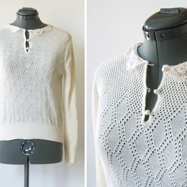30% OFF SALE white sweater / 60s pointelle knit pullover
