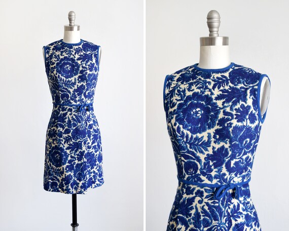 60s Blue Floral Dress, Vintage 1960s Linen Dress,