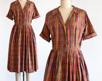 Robe en soie à carreaux arc-en-ciel vintage des années 1960 | petit/petit moyen