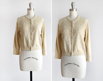 60s Embroidered Floral Cardigan, Vintage 1960s Ecru Sweater, small