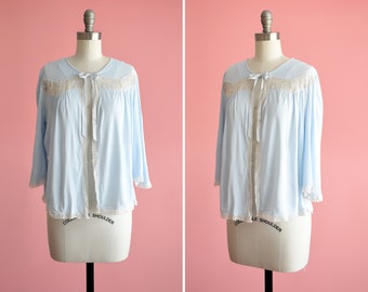 Vintage 60s Blue Lace Bed Jacket, 1940s Lingerie Robe Top, small/medium