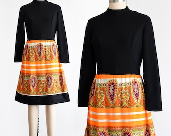 1960s Black & Orange Paisley Dress, medium