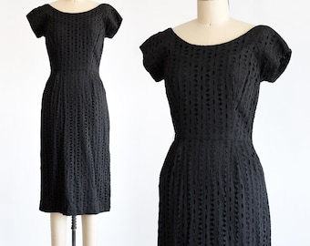 60s Black Eyelet Wiggle Dress, xs