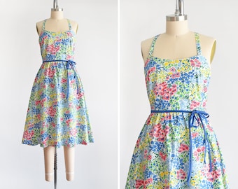 70s Floral Lanz Dress, Vintage 1970s Sundress, 80s Open Back Cotton Dress w/ Pockets, small medium