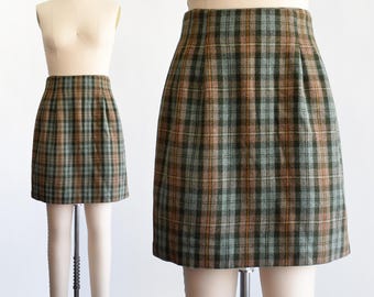 Vintage 1990s Green Plaid Wool Blend Skirt, medium large/large