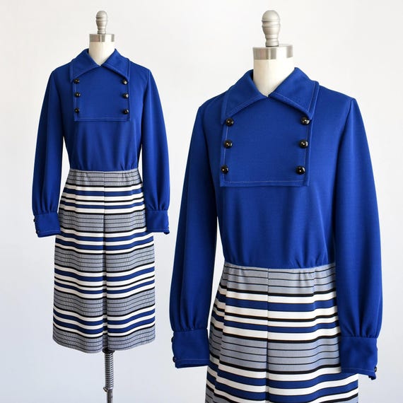 Vintage 1960s Blue Striped Mod Scooter Dress, sma… - image 1