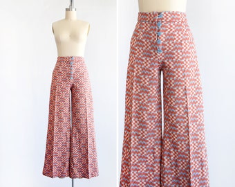 70s Orange & Blue Wide Leg Pants, Vintage 1970s Flared Trousers, small medium