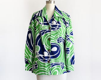Chemisier psychédélique des années 70, chemise disco bleue et verte vintage des années 1970, moyenne grande