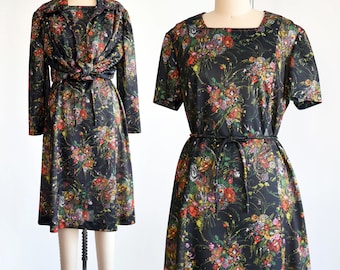 70s Black Floral Dress Set, Vintage 1970s Dress w/ Matching Shirt Jacket, large/xl