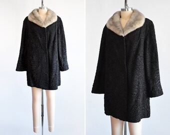 50s Black Curly Lamb Fur Coat, Vintage 1950s Coat, Persian Lamb w/ Silver Gray Mink Collar Coat, medium large