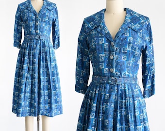 Vintage 1960s Blue Cotton Day Dress w/ Rhinestone Buttons, small/small medium