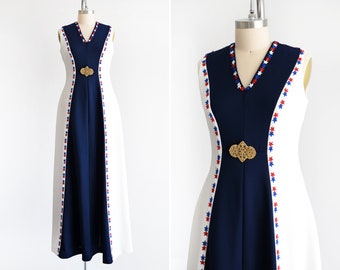 Vintage 70s Red, White, & Blue Maxi Dress, 1970s Star Appliqué Dress, small/medium