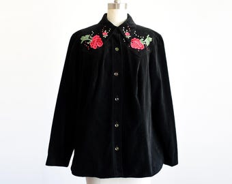 70s Black Velvet Rose Appliqué Rhinestone Blouse, Vintage 1980s Western Style Top, large